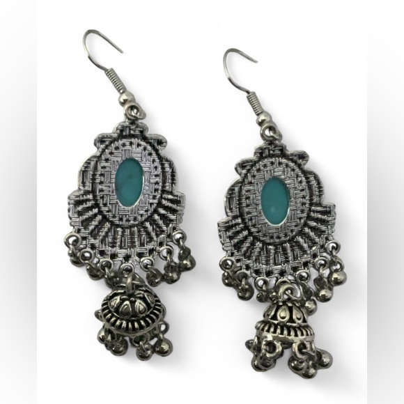 Boho Ethnic Native Silver & Turqoise Dangle Earrings Stone & Bell Drop Design - Picture 3 of 3